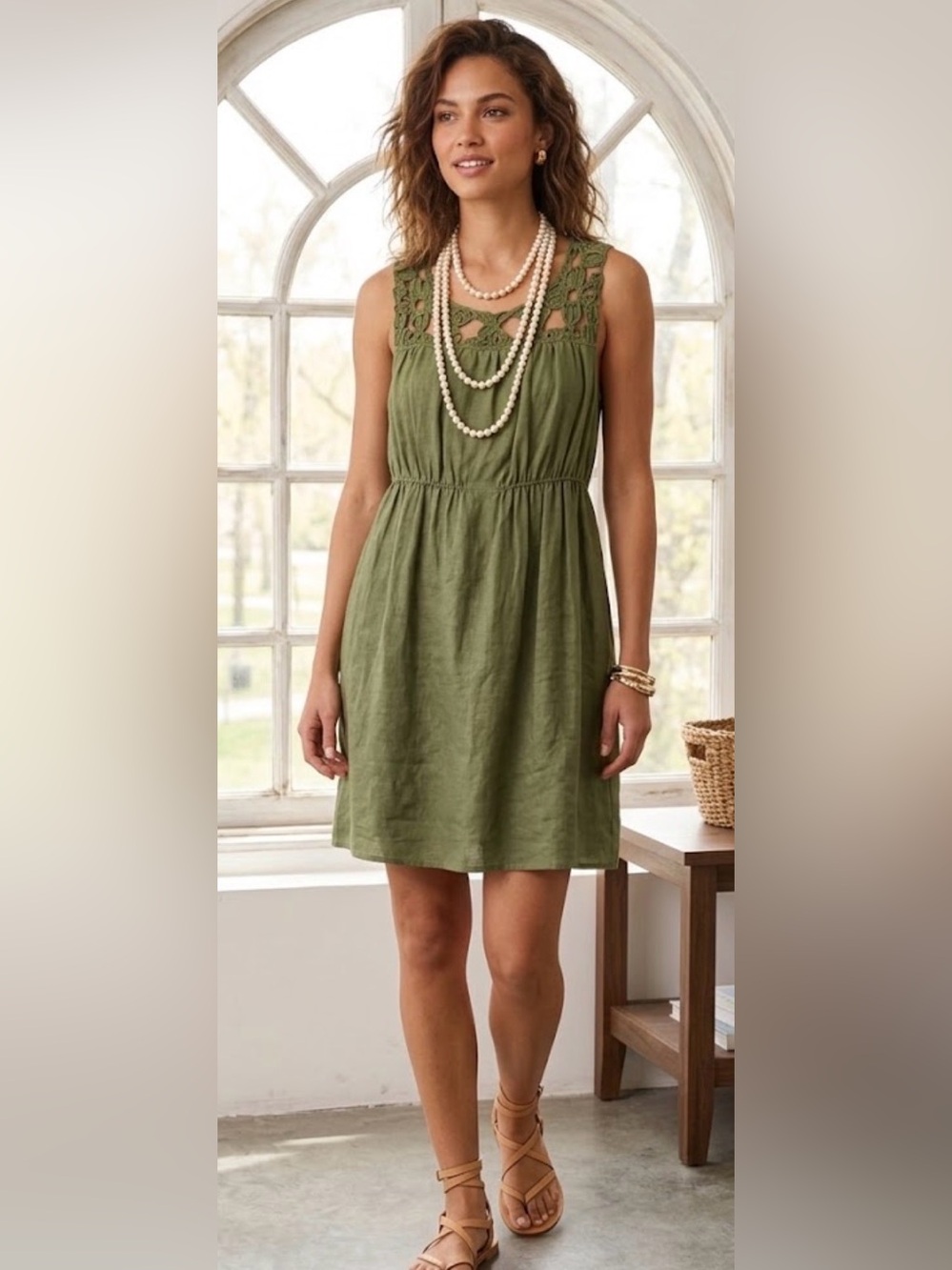 Max Studio Olive Green 100% Linen Crochet Yoke Midi Dress Medium